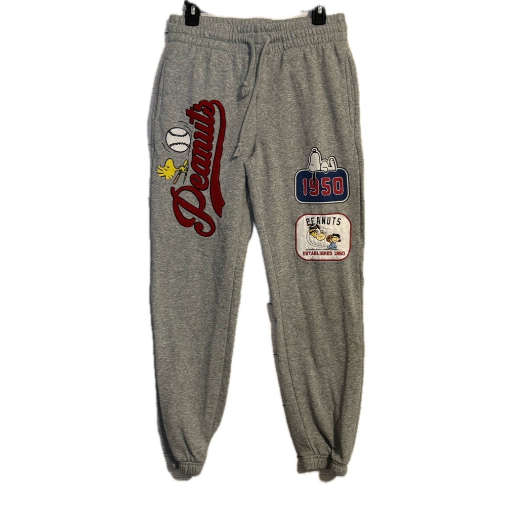 Peanuts Snoopy Woodstock Grey Sweatpants 1950 Baseball Patches Joggers Small